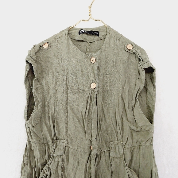 ZARA Khaki Army Green Short Sleeves Two Pockets Button Casual Dress P6069 - Picture 3 of 6